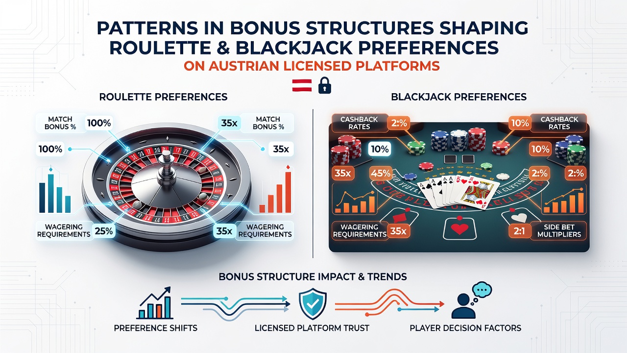 Infographic showing roulette wheel and blackjack table with overlaid bonus percentage icons and player flow arrows